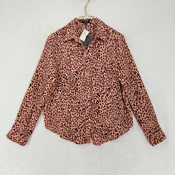 NEW FRNCH Pink Leopard Print Long Sleeve Button Down Shirt P4359 - Picture 2 of 9